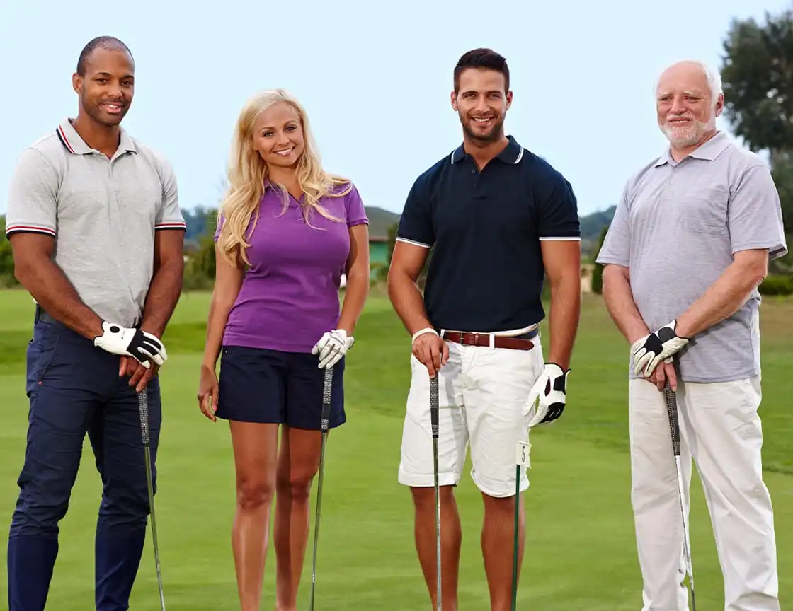 A group of adult men and women on a golf team.