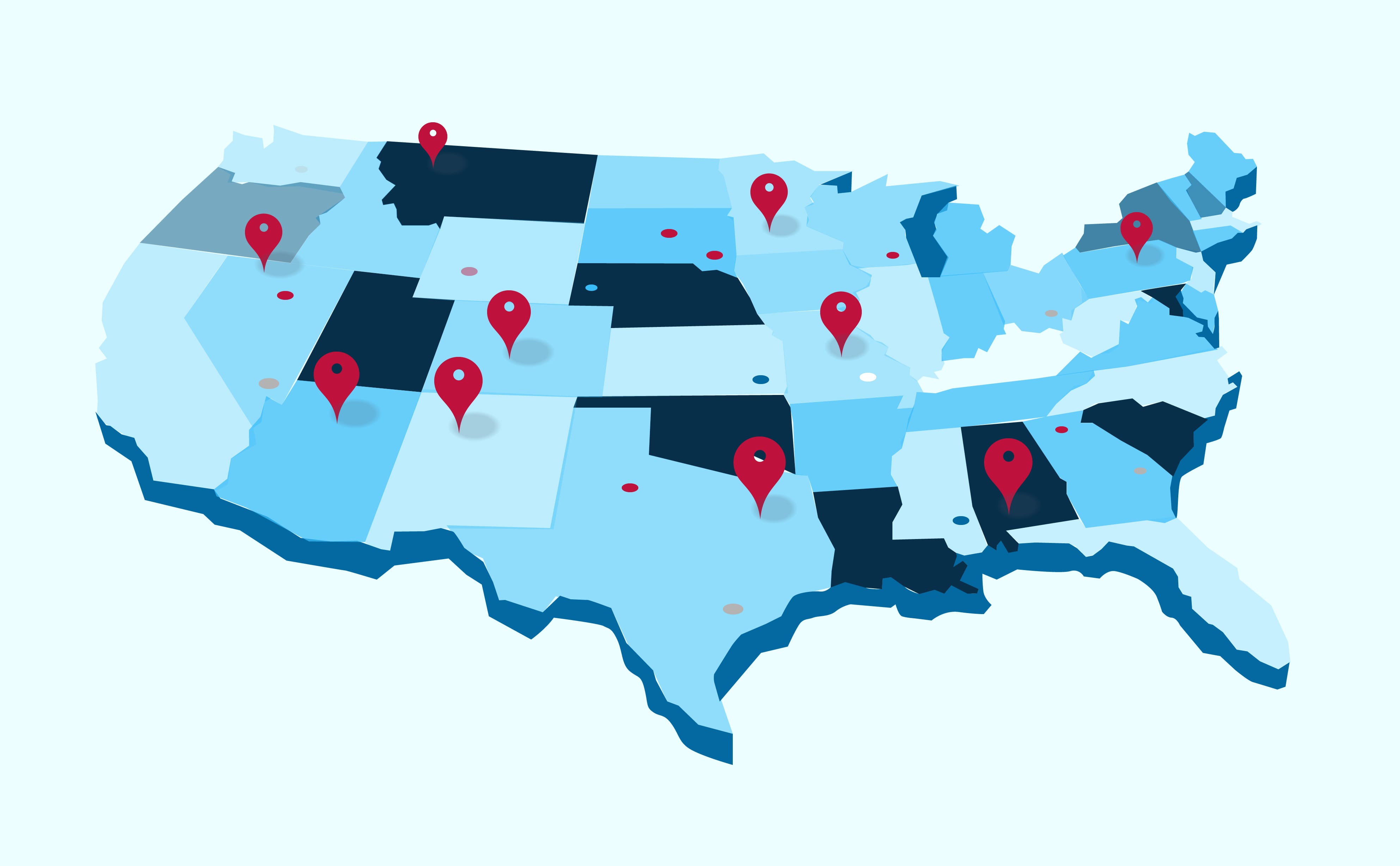 A illustration of the United States of America with various location pins representing cities shown on the map.